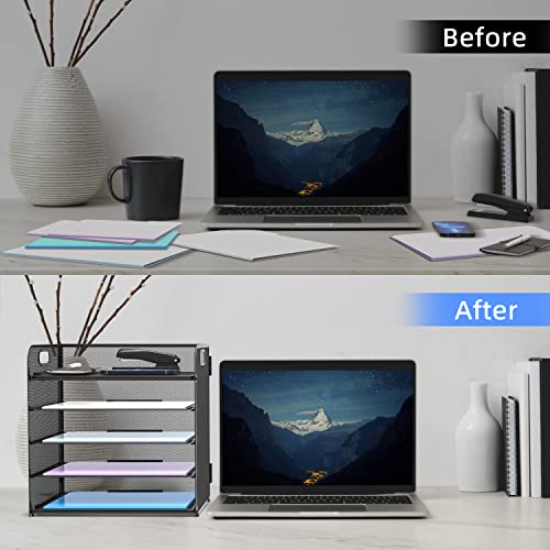 Supeasy 5 Trays Paper Organizer Letter Tray with Handle-Mesh Desk Kit