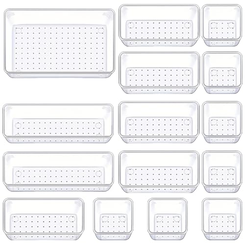 Minimalist Manalete Drawer Organizers Set of 15, 4 Sizes Clear Plastic Set